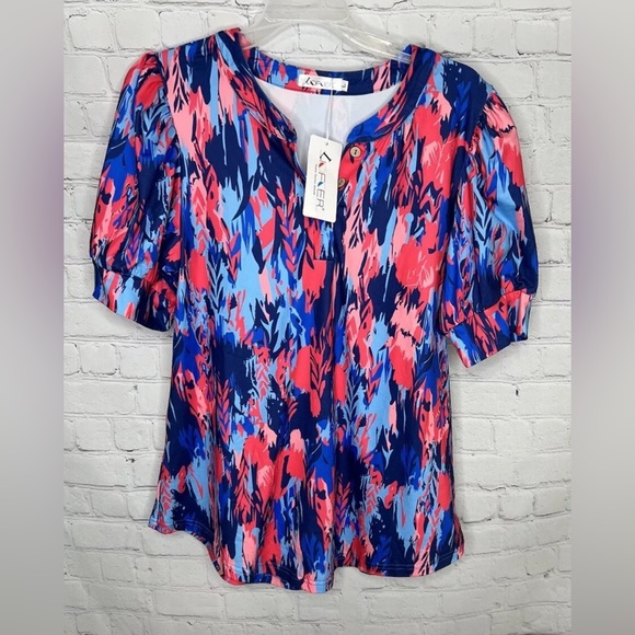 Liofoer New Women’s Top T-shirt 3 Button Front shorts Puff Sleeves L Blue Red - Picture 1 of 9